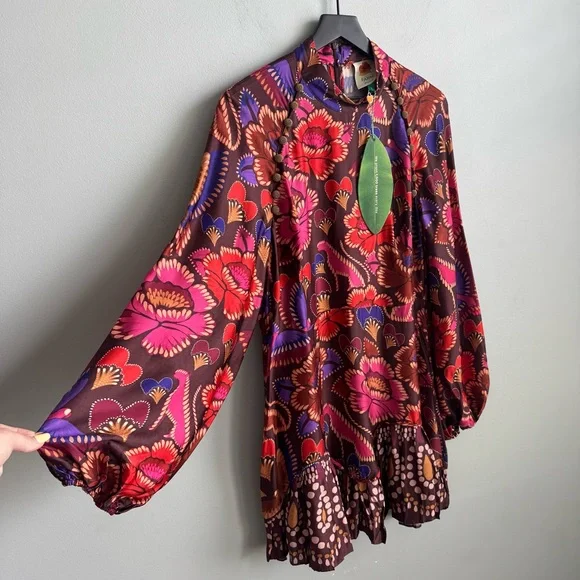 NEW Farm Rio Long Sleeve Mini Dress in Bright Flora Brown Size Large - Picture 5 of 16